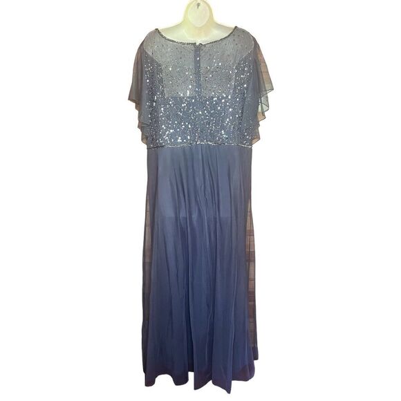 J Kara Women's Illusion Neckline Flutter Sleeve Beaded Long Dress in Grey Size 1 - Picture 4 of 6